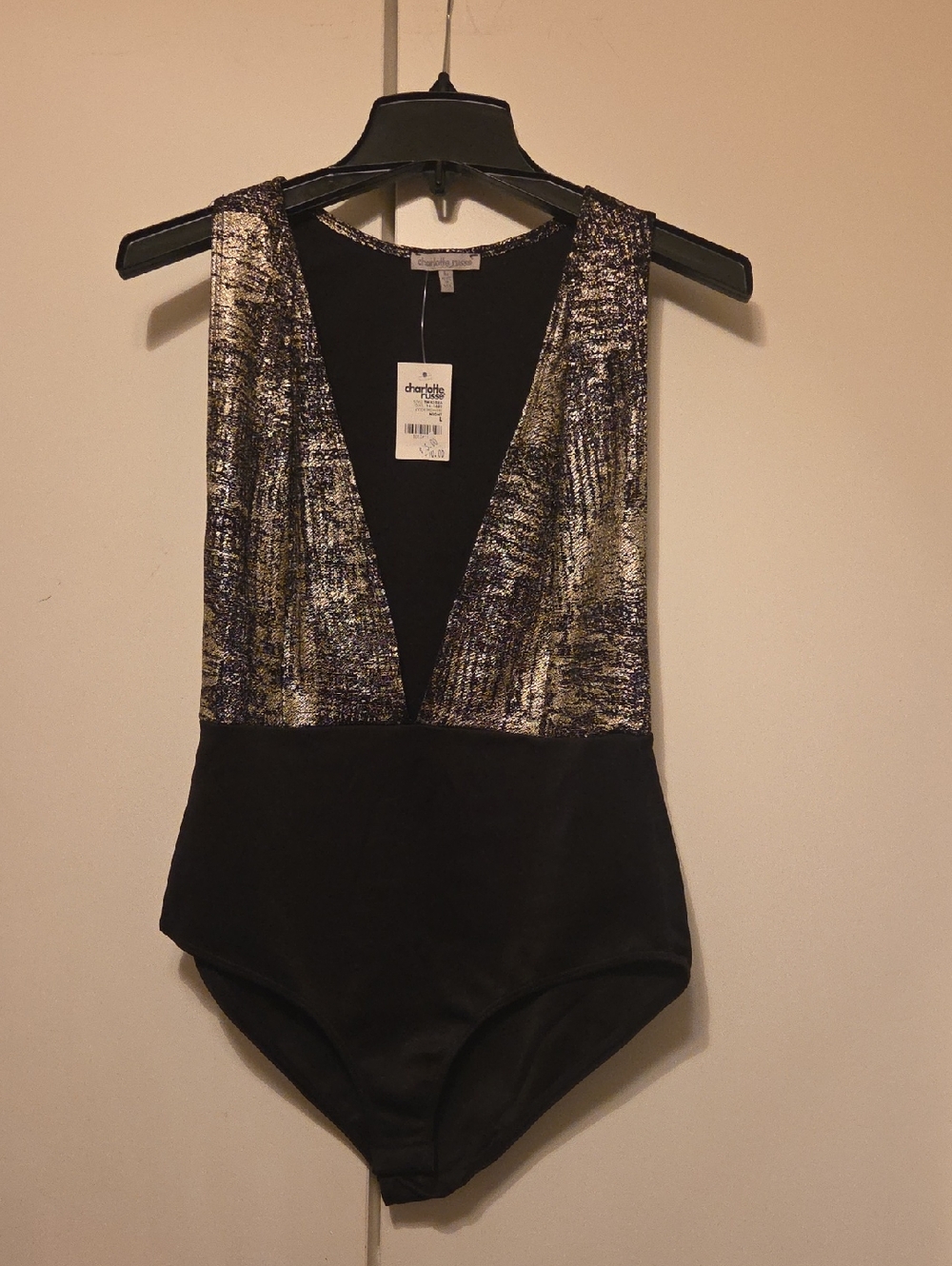 Charlotte Russe Black and Gold Metallic Plunge Bodysuit